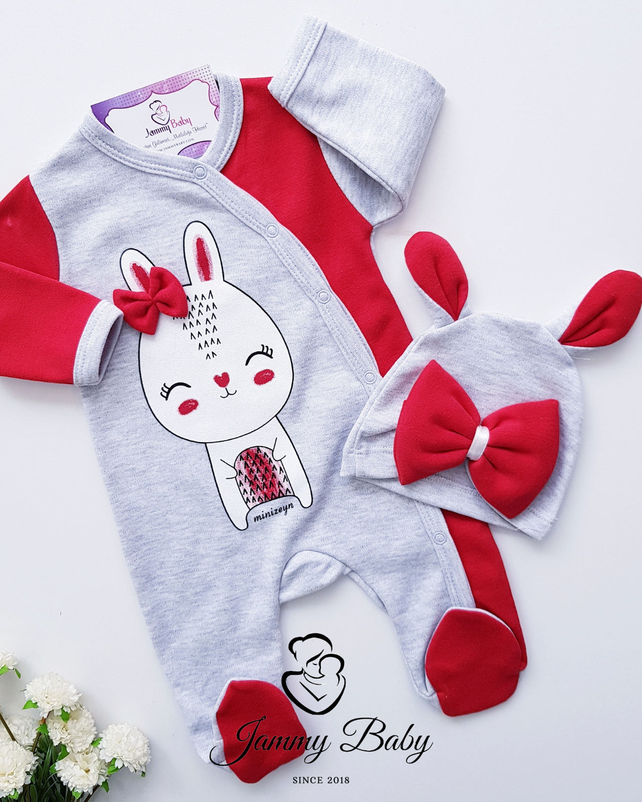 Plump Face Bunny Hat Jumpsuit  - RED-GREY