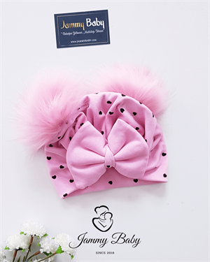 Heart Pompom Bonnet Hat - PINK